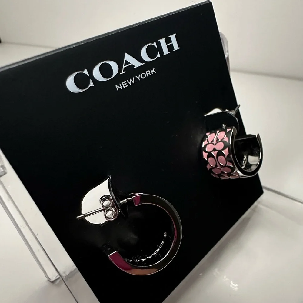 Coach NWT Silver and Pink Enamel Signature Small Huggie Hoops - Picture 5 of 10